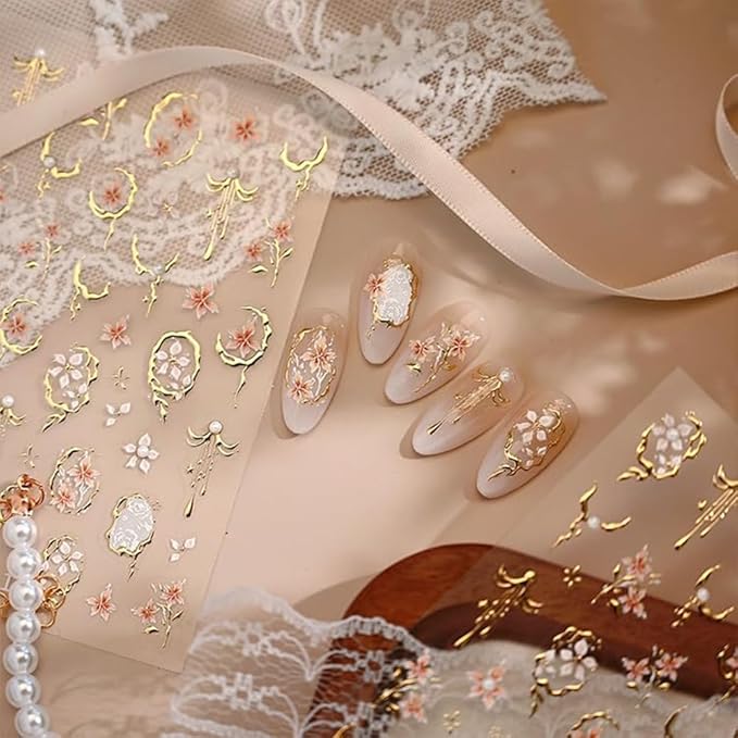 Gold Flower Nail Stickers Spring Nail Stickers for Nail Art 5D Embossed Pearl Gold Edge Petals Nail Decals Spring Summer Flower Nails Supplies for Women DIY Nail Art Decorations
