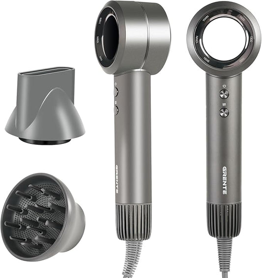 High Speed Hair Dryer - 110,000 RPM Brushless Motor 1500W, 3 Speeds & 4 Heat Settings with Concentrator Nozzle, Thermostatic Hair Protection, Lightweight Quiet, Unisex Grey