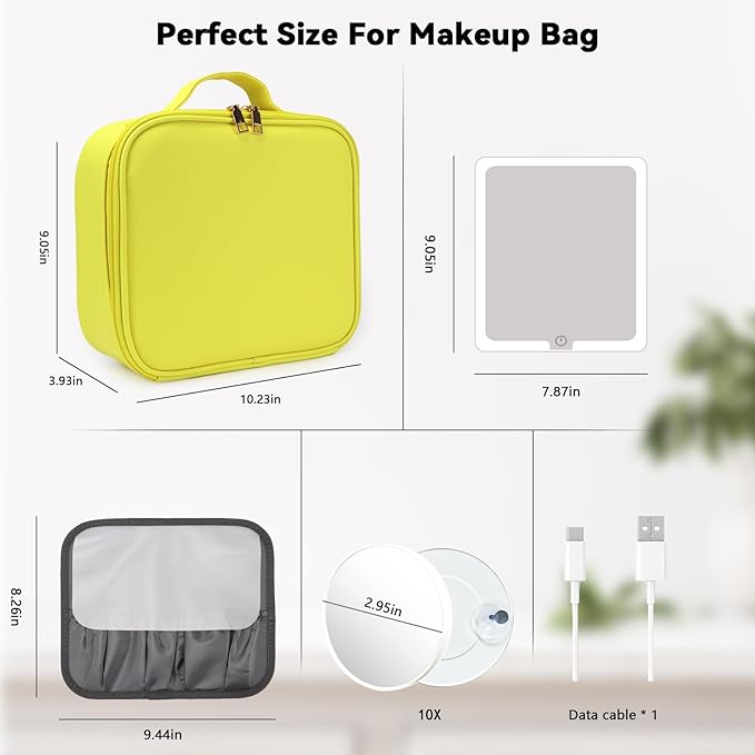 SLUMAZI Travel Makeup Bag with LED Mirror and 10x magnifying glass with 3 Lighted Settings, Adjustable Dividers and Makeup Brush Storage Bag Yellow