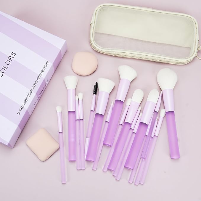 LULUCOLORS 18-Piece Light Purple Professional Makeup Brush Set – Translucent Rubberized Handles, Soft Synthetic Bristles for Face & Eye Makeup–Includes Travel Bag & Sponges, Complete Brush Collection