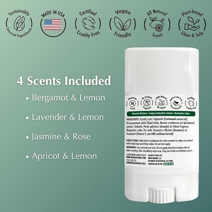 MONA TRAVEL SIZE All Natural Deodorant for Women & Men | Aluminum & Baking Soda Free Mini Deodorant with Natural Fregrance | Vegan, Skin Safe (Travel 4-Pack VAR-2 (0.53 Oz each))