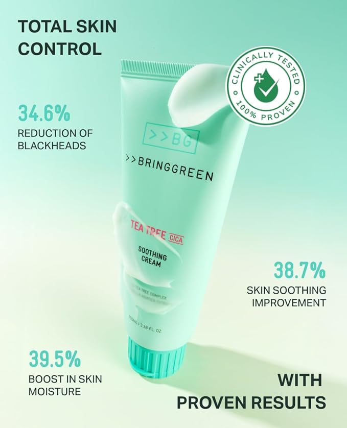 BRING GREEN Tea Tree Cica Soothing Cream Plus 100ml Korean Skin care, calming and soothing, moisturizer for skin, facial cream, trouble care, Blackhead Removing Pore care (Pack of 1)