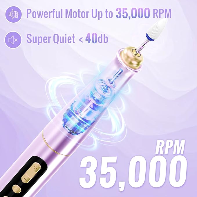 Cordless Electric Nail Drill Machine, 13 in 1 Nail File Kit 35000RPM Professional Portable Rechargeable E File for Acrylic Polish Gel Removal Manicure Pedicure Set with 5 Speeds Violet