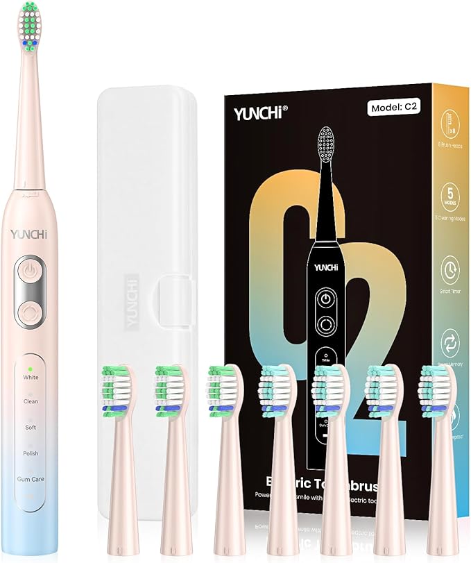 YUNCHI Electric Toothbrush Birthday/Valentine Plastic 8 Heads 24-Mo Deep Cleans Gentle Gums Removes Stains 3Hr USB-C 90d 2-Min Timer/30s IPX7 - Yellow Blue