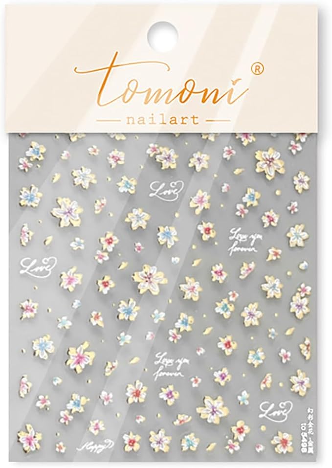 Spring Nail Stickers 5D Embossed Flower Nail Art Stickers Decals with Gold Daisy Floral Design Nail Supplies Self-Adhesive Nail Stickers for Spring Nail Art for Women Manicure Decorations