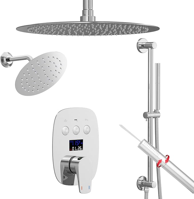 HONGTONGSOWER Chrome Shower Slide Bar System with 12inch Ceiling Rain Shower Head and 8inch Shower Faucet Set In Wall, Temperature Display Shower Faucet System Fixture with 2 in 1 Handheld Shower Wand