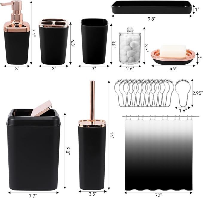 XLHOMO Bathroom Accessory Set – Bathroom Sets with Shower Curtain, Black Ombre Waterproof Shower Curtain with Stainless Steel Hooks, Bathroom Accessories Set with Shower Curtain Set for Home Decor