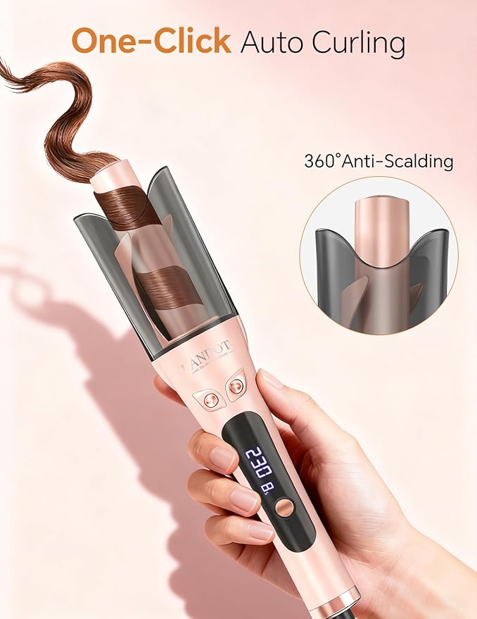 Automatic Rotating Curling Iron 1-inch - LANDOT 2-Way Anti-Tangle Self Curling Wand, Effortless Curls for Special Occasions, Dates & Vacations, Fast Heat-Up Ceramic Barrel for Gorgeous Styles