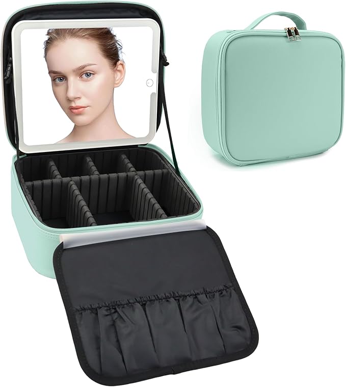 SLUMAZI Travel Makeup Bag with LED Mirror Travel Makeup Organizer with 3 Lighted Settings, Adjustable Dividers and Makeup Brush Storage Bag Light Green