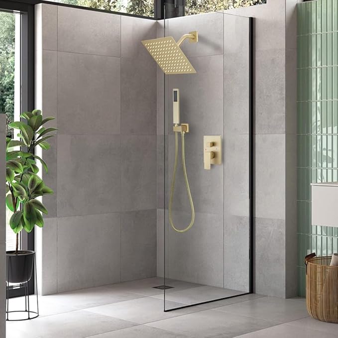 annazom Brushed Gold Shower System 8 Inch Bathroom Luxury Rain Mixer Shower Combo Set Wall Mounted Rainfall Shower Head and Handheld System Shower Faucet Set Rough-in Valve Body and Trim Included