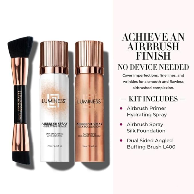 LUMINESS Complete Makeup Kit - Includes Face Palette, Airbrush Foundation, Primer and Brush - Silky, Long-Wearing, Easy to Blend, Perfect Makeup for Older Women, 4-PC Make Up Set (02 - Fair)