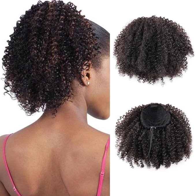 Drawstring Ponytail Afro Kinky Curly Ponytail for Black Women Short Wave Synthetic Ponytail Hair Extension(#4,Medium Brown)