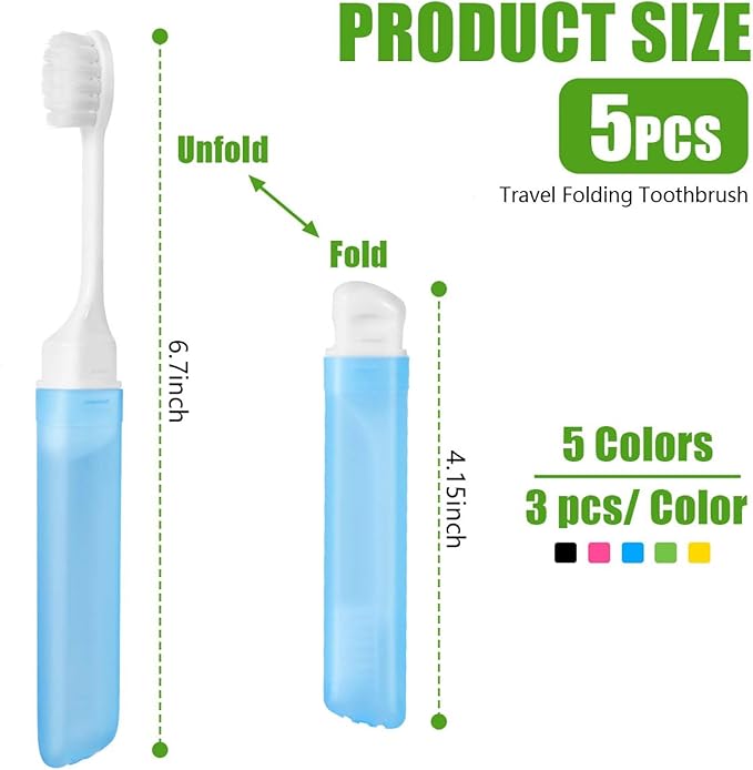 WSSROGY 5 Pack Potable Folding Travel Toothbrush Bulk for Travel, Business Trip, Camping