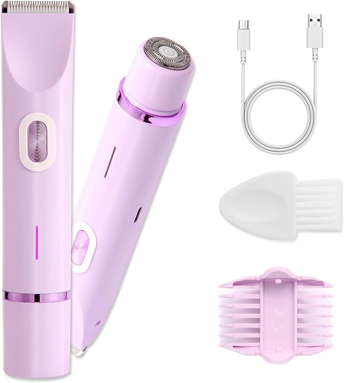 Bikini Trimmer for Women, 2-in-1 Electric Razor for Women, Cordless Electric Shaver Type-C with Cable, Bikini Trimmer for Body, Face, Underarm, Hypoallergenic, Wet & Dry Use, Waterproof