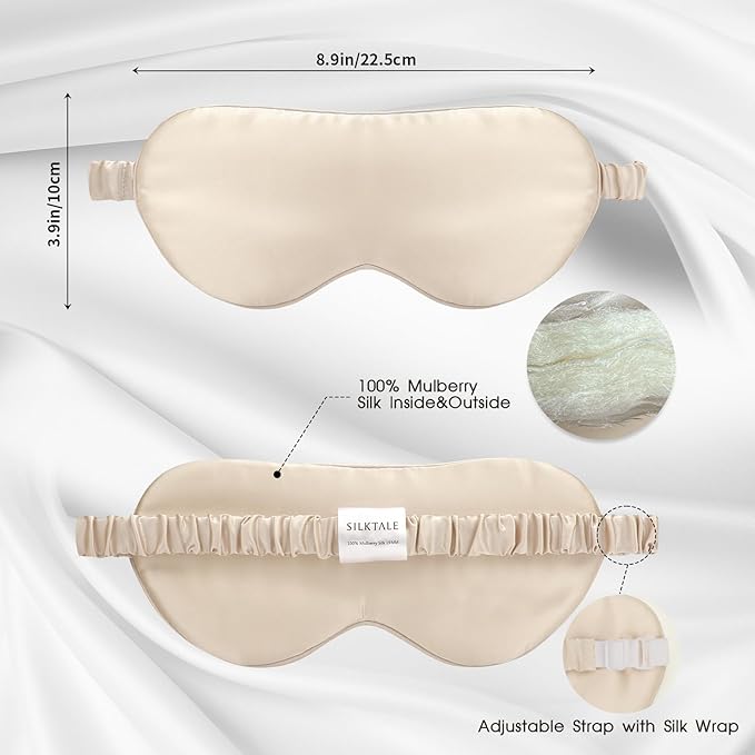 SILKTALE 100% Mulberry Silk Eye Mask for Sleeping with Silk Wrapped Adjustable Strap,Beige
