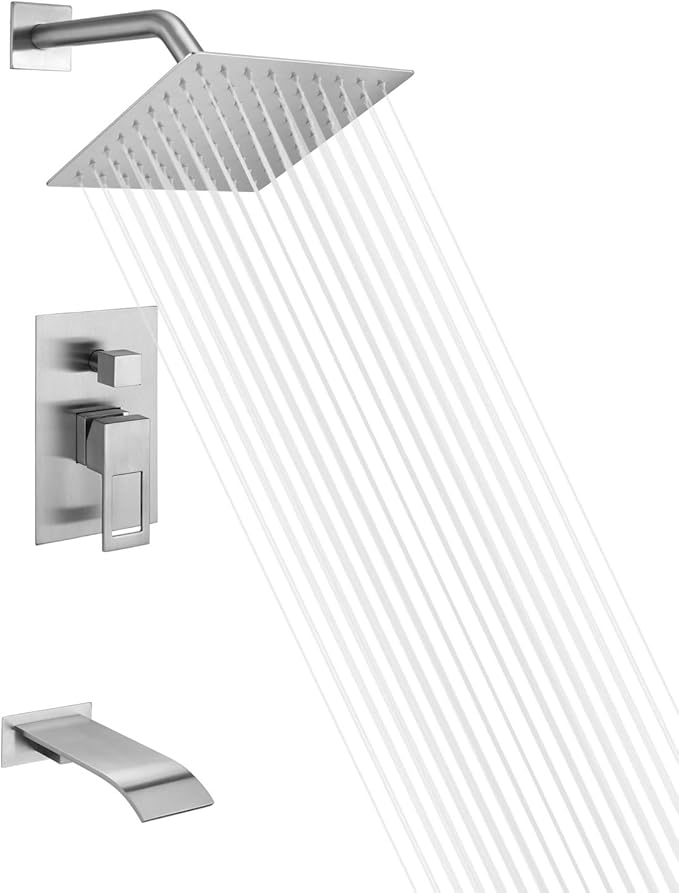 sumerain Tub and Shower Faucet Set with Anti-scalding Pressure Balance Valve, 8 Inch Shower Head and Waterfall Tub Spout, Brushed Nickel
