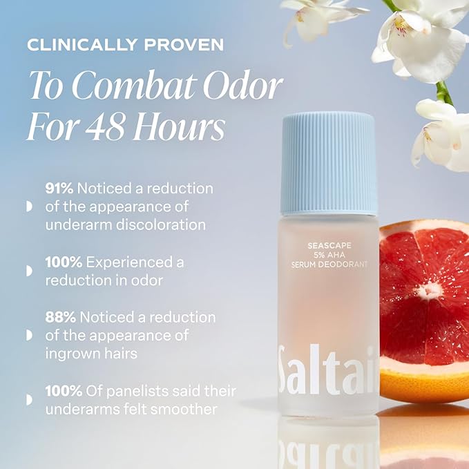 Saltair Serum Deodorant Seascape 2 Pack. 5% AHA Formula. Lactic Acid and Mandelic Acid Deodorant. Aluminum Free Odor Control for Women and Men. Travel Essentials, 2x 1.7oz Roll On