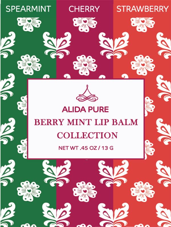ALIDA PURE Berry Mint Lip Balm Collection, Vegan Set, Bees Wax Free, Coconut Oil Free, with Organic Jojoba and Avocado Oil, Vitamin E, Natural Moisturizer For Dry Cracked Lips, 3 Tube Set