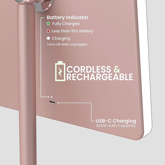 LUNA London Orbit LED Vanity Mirror with Lights, Dimmable & USB-C Rechargeable Tabletop Mirror, 7X 1X Magnification - Blush Rose Pink