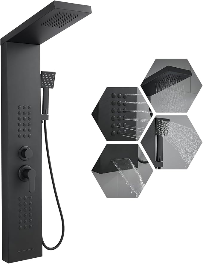 KINKIB Shower Panel Tower System with Rainfall Shower Head, Powerful Body Jets, Matte Black Shower Tower with Handheld Shower and Tub Spout, Stainless Steel Shower Column High Pressure