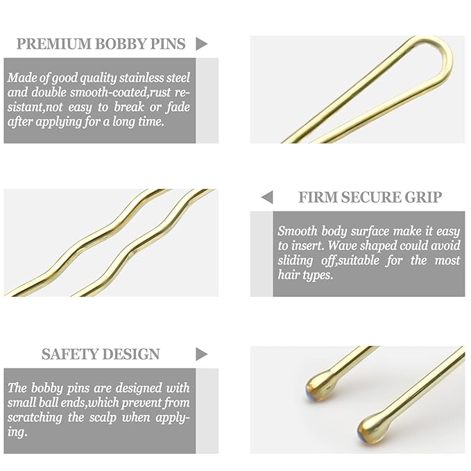 100PCS 2.4Inch U Shaped Hair Pins,Gold Bobby Pins for All Hair Types,Hair Pins for Women,Pain-Free U Pins for Buns With Box（Gold）