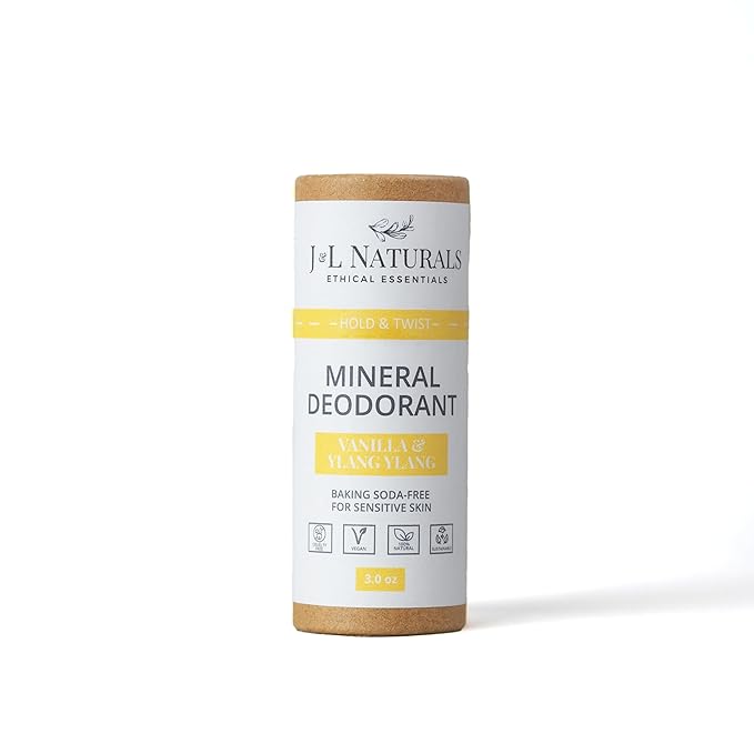J&L Naturals Mineral Deodorant | Baking Soda-Free, 100% Natural, Sustainable | Sensitive Deodorant For Women & Men | Aluminum Free, Vegan, Cruelty-Free (Vanilla & Ylang Ylang, 3 Oz (Pack of 1))