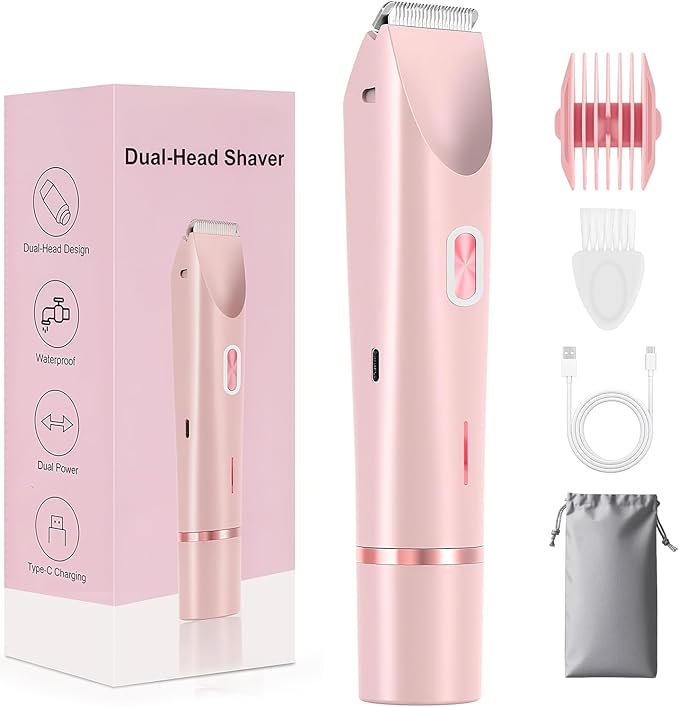 Bikini Trimmer for Women, 2-in-1 Dual Head Shaver Women, IPX7 Waterproof Gentle Electric Razors for Sensitive Areas, Cordless Hair Removal for Shower & Travel, Holiday Gift (Pink)