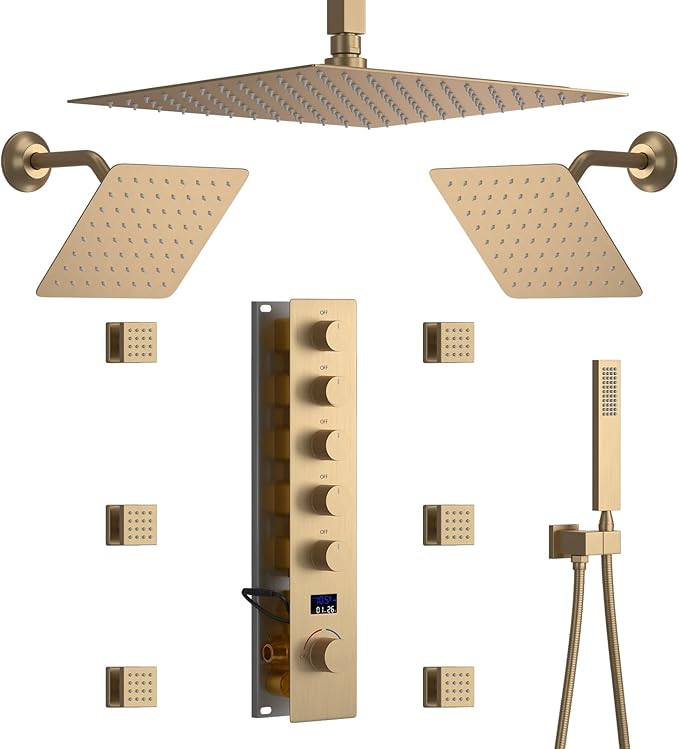 WHSHOWER Brushed Gold Triple Shower Heads Shower System with 12"+8"+8" Top Shower Heads, Digital Display Shower Valve, Body Jets and Handheld Shower,Full Body Shower System