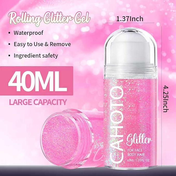 Flamingo Rolling Glitter for Face Body & Hair, Sparkling Holographic Chunky Shimmer, Roll-on Sequins for Singer Concert Rave Festival Halloween Party Carnival, 1.35fl.oz