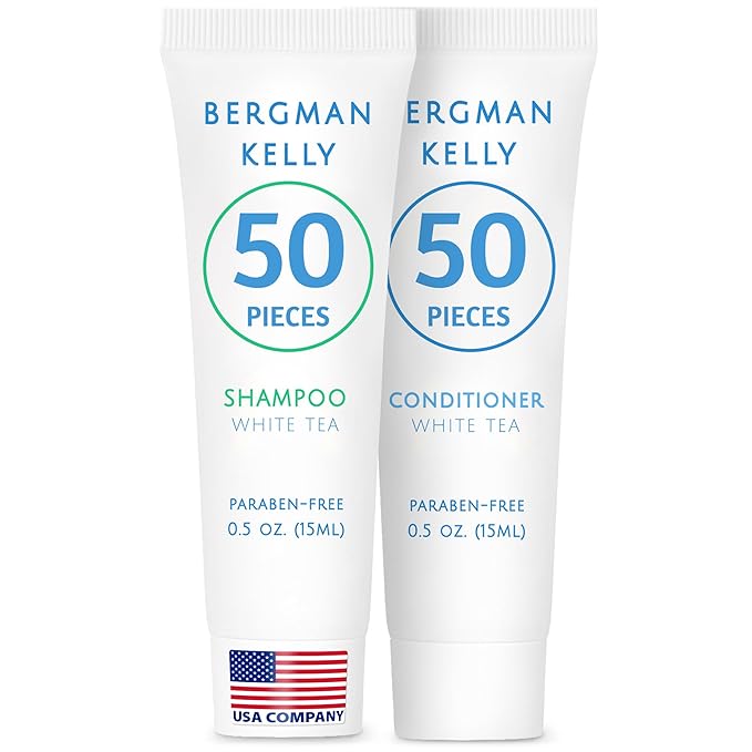 Bergman Kelly - Travel Shampoo and Conditioner Set - 0.5 fl oz, 100 Pieces, White Tea - Delight Your Guests with Revitalizing and Refreshing Hotel Toiletries and Guest Hospitality in Bulk