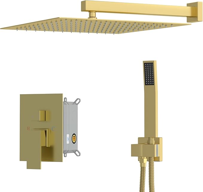 Dcolora 16 In. Rainfall Shower System with Handheld, Gold Shower Faucet Set for Bathroom, Brass Valve, 304 Stainless Steel, Anti-Scald cUPC Certified (Brushed Gold, 16 Inch)