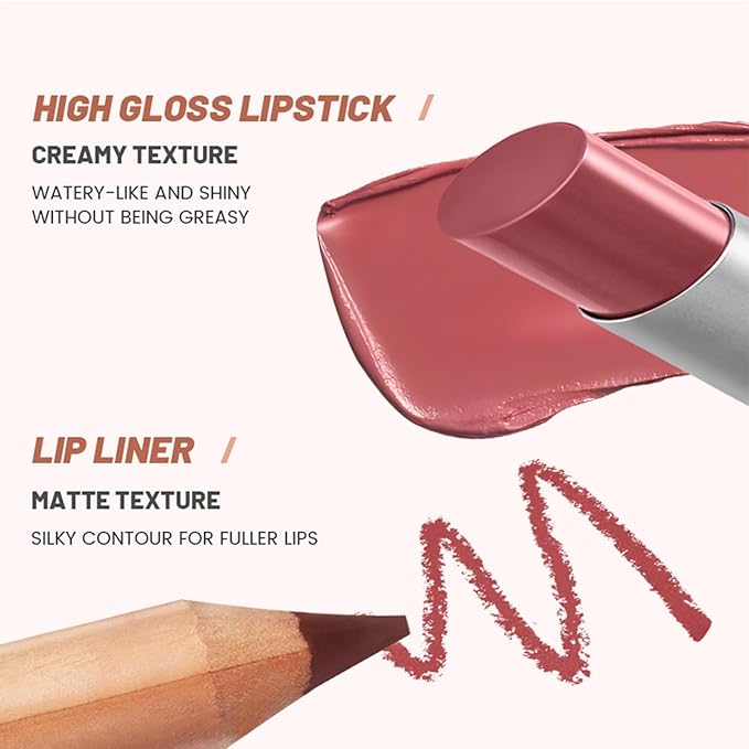 Erinde 2pcs Lip Liner and Lipstick Combo Set, Matte Lipliner Pencil & Hydrating Lip Gloss Makeup Kits for Women, Waterproof, Long Lasting, Highly Pigmented, Nude Brown Natural Lipstick, 04