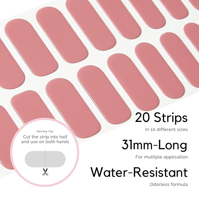 NAILOG Semi Cured Gel Nail Strips, 20 Pcs Pink Long Lasting Stickers Extra Long Nail Wraps with Glossy Gel Finishing for Spring Summer, Roselyn