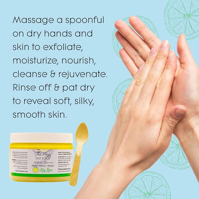 The Keys Salt Scrub -Sea Salt Scrub - Exfoliating Body Scrub with Wooden Spoon - Moisturizing Exfoliator for Hands, Foot, Bath, (12 Ounce (Pack of 3), Key Lime)
