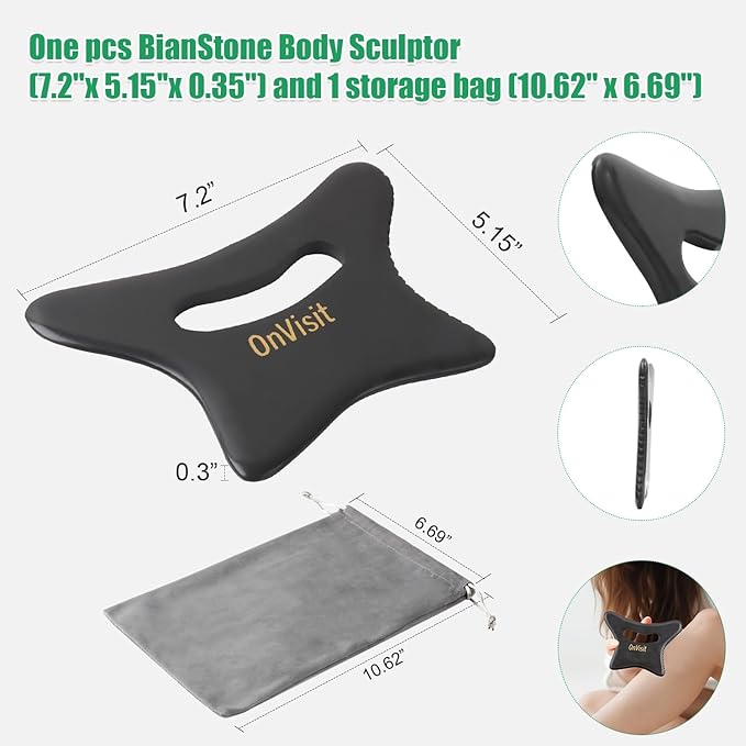Full Body Gua Sha Tool and Facial Massage Tools, Ergonomic Bian Stone Handle Guasha Scraping for Neck/Arm/Back/Legs andtomach Masseger for Lymphatic Drainage & Cellulite(Black, Large)