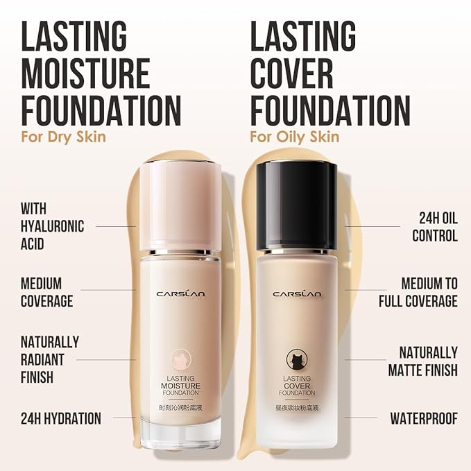 CARSLAN Lasting Cover Foundation, 24H Longlasting Full Coverage Matte Finish Face Makeup, Poreless, Lightweight, Waterproof, Oil Free Liquid Foundation, P02