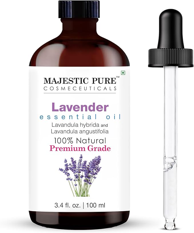 Majestic Pure Essential Oil with Glass Dropper - 100% Pure and Natural - Essential Oils for Diffuser, Aromatherapy, Soap and Candle Making, Lavender Essential Oil, Lavender Oil, 3.4 Fl Oz