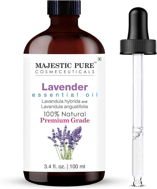 Majestic Pure Essential Oil with Glass Dropper - 100% Pure and Natural - Essential Oils for Diffuser, Aromatherapy, Soap and Candle Making, Lavender Essential Oil, Lavender Oil, 3.4 Fl Oz