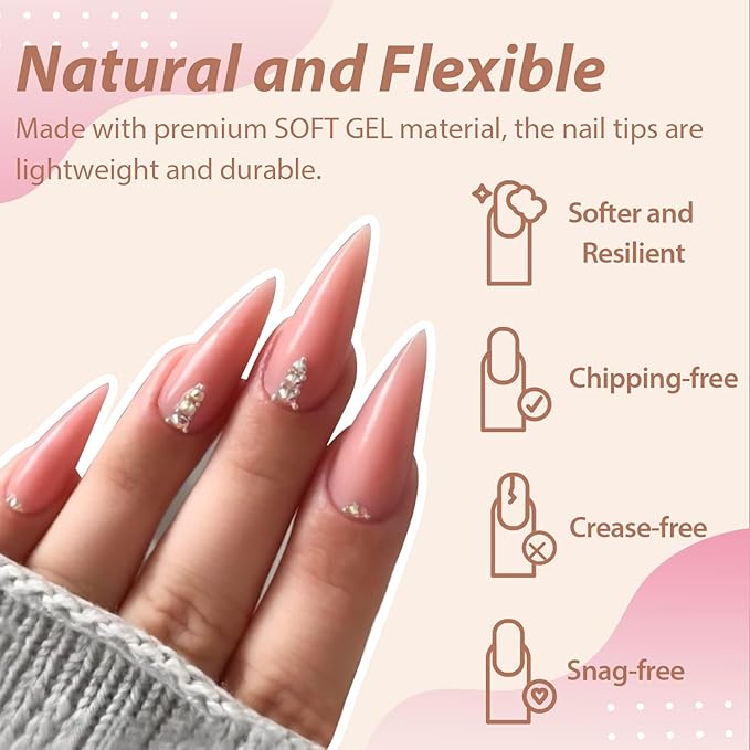 UNA GELLA Long Stiletto Nail Tips 504PCS, Full Cover Pre-Etched Long Stiletto Clear Fake Nails Tips, Sturdy Acrylic Press on Nails, No C Curve Soft Gel Tip for Nail Extension DIY Nail kit 12 Sizes