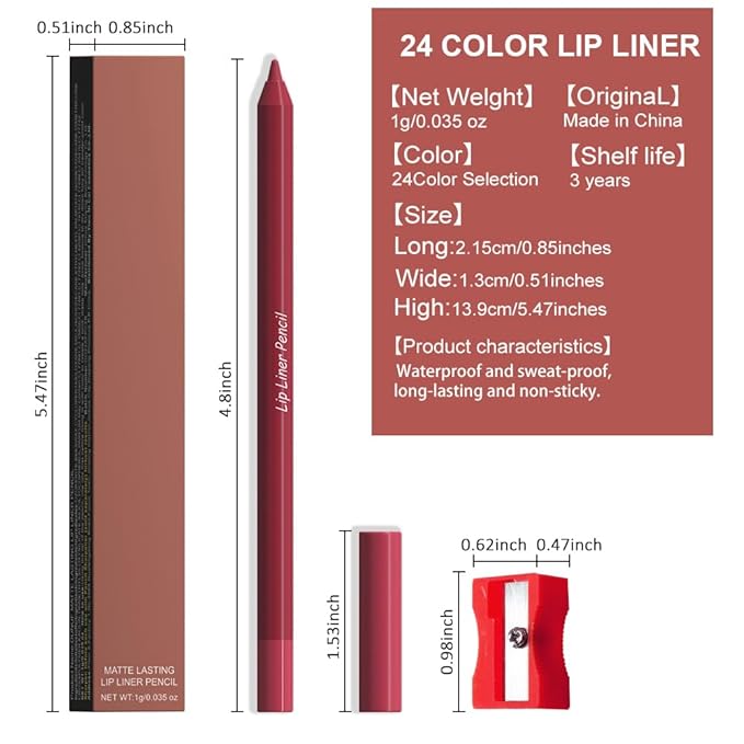 evpct 1Pcs Plum Wine Red Matte Long Lasting Lip Liner Pencil Makeup for Shaping & Sculpting Lips, No Transfer Long Wear Waterproof Pigmented Lip Liner lipliners Crayon Lipstick Pencil with Sharpener