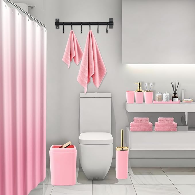 XLHOMO Pink Bathroom Accessories, 24 Pieces Pink and Gold Bathroom Accessories Set with Shower Curtain, Bath Towels, Trash Can, Soap Dispenser and Soap Dish for Bathroom/Housewarming