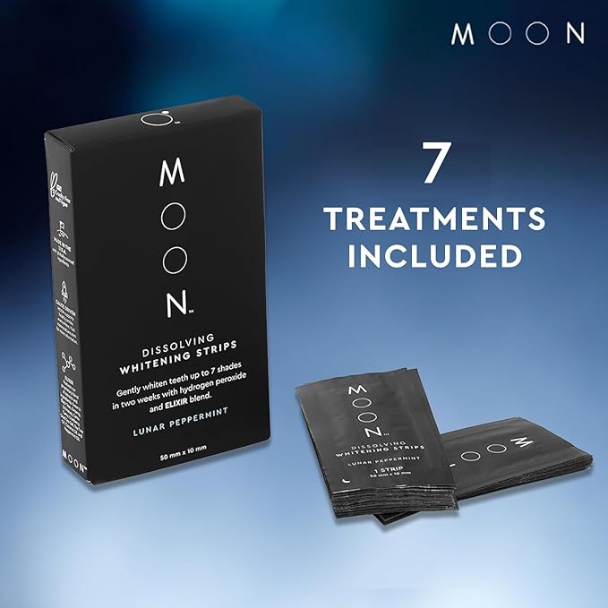 MOON Dissolving Teeth Whitening Strips, 14 No Rinse White Strips, Peppermint, Hydrogen Peroxide & Essential Oils, Whiten Sensitive Teeth up to 7 Shades in 2 Weeks, Travel Essentials, Vegan Oral Care