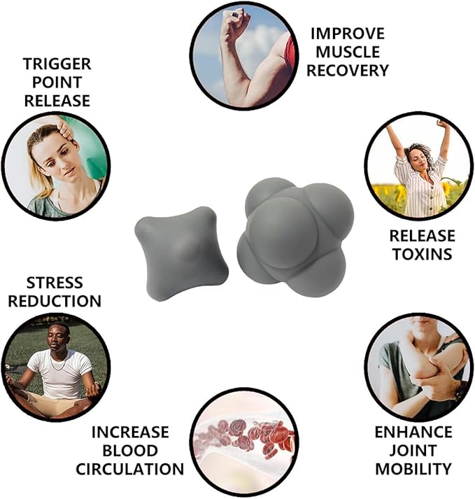 Set of 2 Massage Balls, Reflex Ball for Hand Eye Coordination Training and Six Point Spike Massage Ball for Deep Muscle Relief, Suitable for Hands, Feet and Back (Grey/Grey)