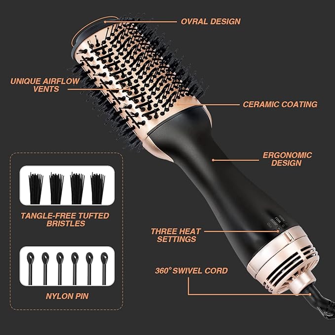 Beautimeter Blow Dryer Brush, Hot Air Brush One Step Hair Dryer and Styler Volumizer, 4 in 1 Negative Ionic Hair Styler with Oval Barrel for Smooth, Frizz-Free Hair Types, Black & Gold