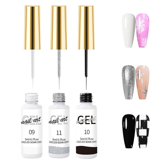 Gel Liner Nail Polish Gel Set Line Art DIY Nail Polish, Ultra-Fine Brush Head French Line Graffiti Flower Stripe Design NailSuitable For NailSalon or Home (SET A)