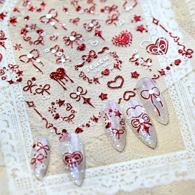 Red Heart Nail Stickers for Nail Art 5D Embossed Valentines Nail Art Stickers with Star Bow Design Glitter Heart Nail Decals Romantic Valentines Nail Supplies for Women Girls Holiday DIY Manicure