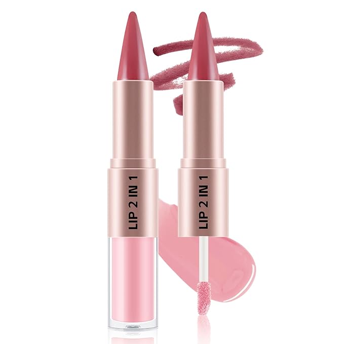 2-in-1 Matte Lip Liner Pencil and Lip Gloss Set, Double-ended Plumping Lip Oil Set for Women, 12H Long-Lasting & Waterproof Lipstick 2Pcs