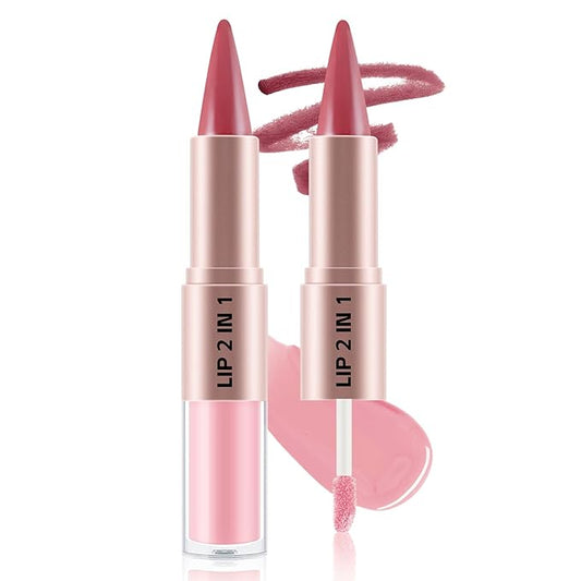 2-in-1 Matte Lip Liner Pencil and Lip Gloss Set, Double-ended Plumping Lip Oil Set for Women, 12H Long-Lasting & Waterproof Lipstick 2Pcs