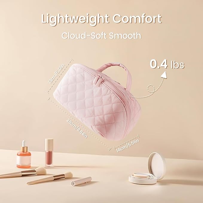 IrisCargo Makeup Bag for Woman, Travel Makeup Bag, Wide Open Lay-Flat Water-Resistant Cosmetic Case, Puffy Padded Organizer for Toiletries & Brushes Large Capacity with Compartments (White)