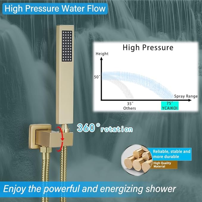 YCAIKOI Shower Faucet Set Complete, Wall Mount Shower System for Bathroom 12 Inch High-Pressure Rainfall Shower with Handheld, Rough-in Valve Body and Trim Kit, Brushed Gold